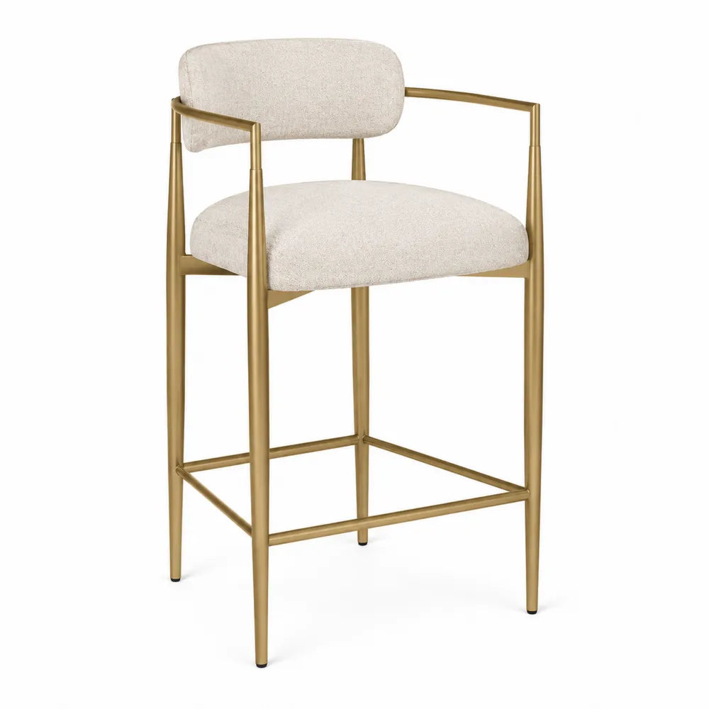 Tabouret de bar avec accoudoirs 55 x 54 x 95 cm en acier doré et tissu polyester beige assise rembourrée
