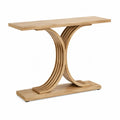 Console de salon 120 cm x 40 cm x 75 cm en MDF plaqué chêne clair avec piètement sculptural en bois