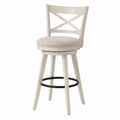 Tabouret de bar pivotant en bois massif et tissu bouclé ivoire avec repose-pieds en acier noir dossier croisé