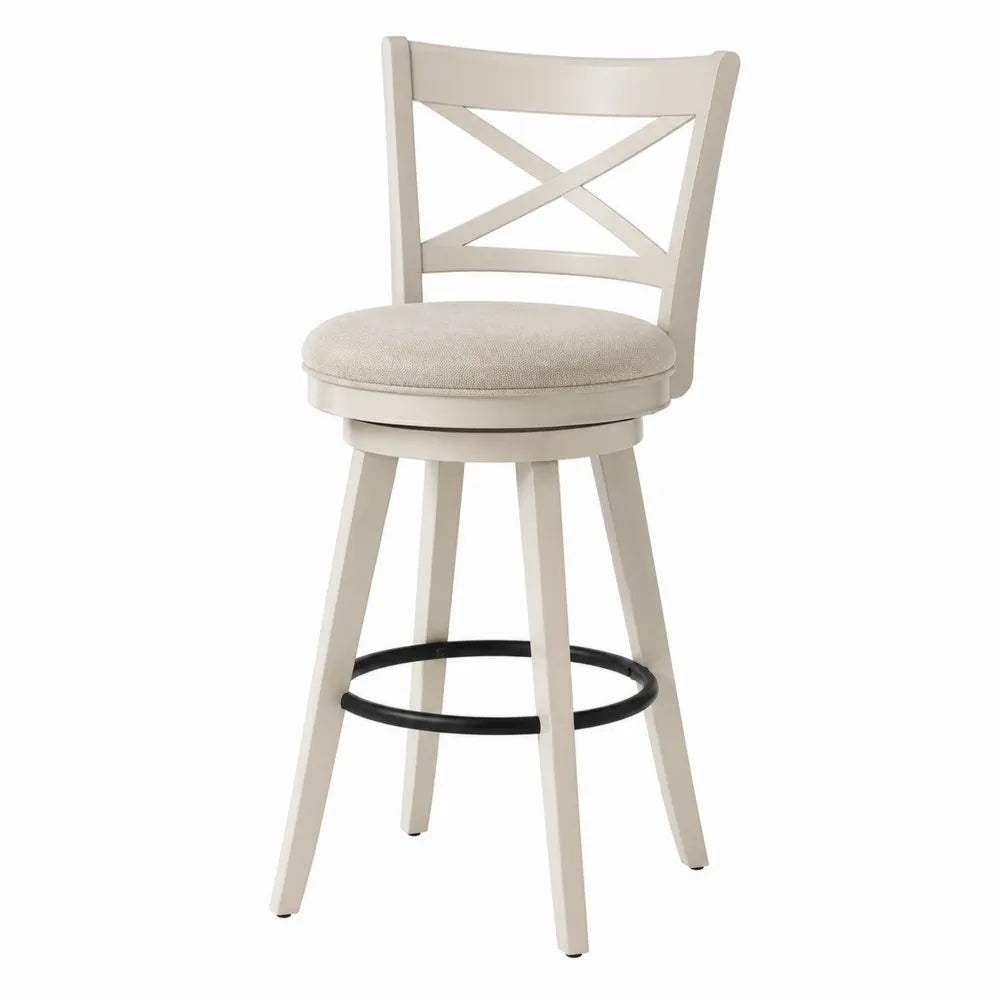 Tabouret de bar pivotant en bois massif et tissu bouclé ivoire avec repose-pieds en acier noir dossier croisé