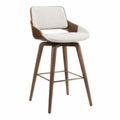 Tabouret de bar 45 x 48 x 75 cm en bois d’hévéa plaqué noyer et assise rembourrée beige avec repose-pieds en acier laiton