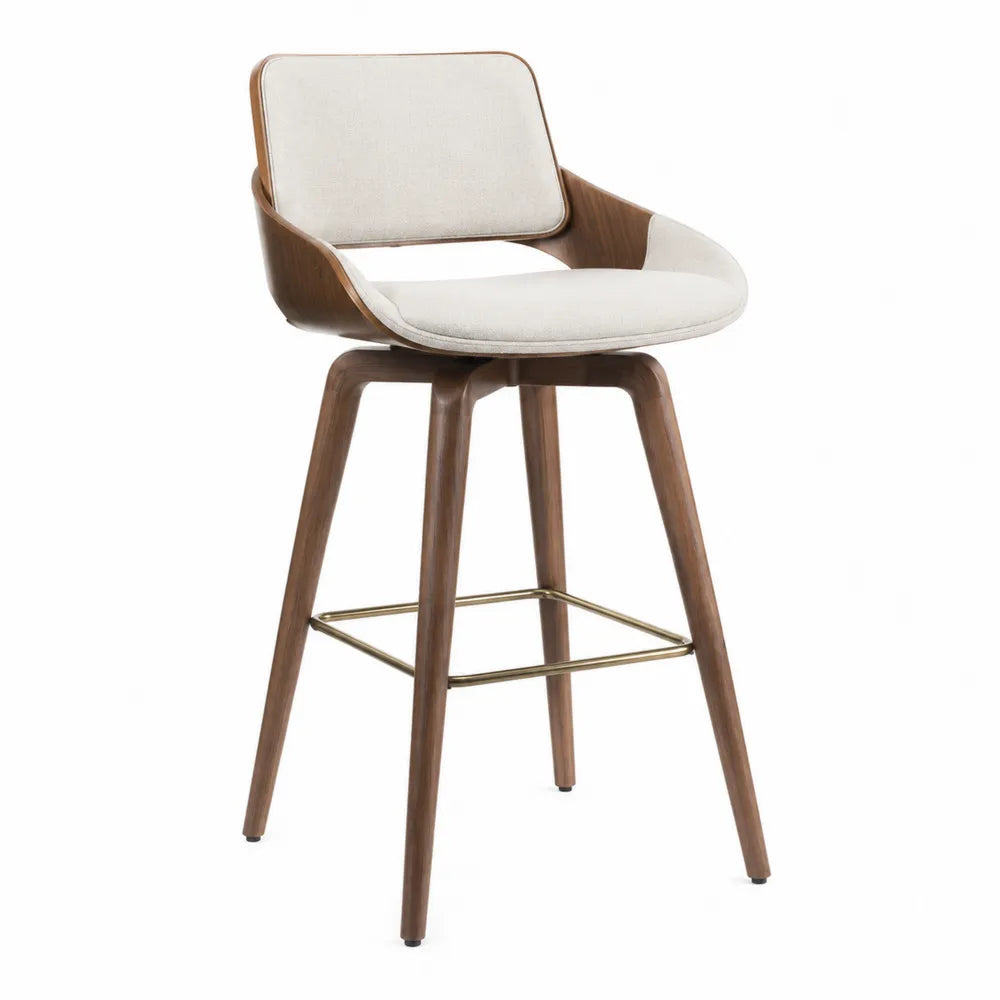 Tabouret de bar 45 x 48 x 75 cm en bois d’hévéa plaqué noyer et assise rembourrée beige avec repose-pieds en acier laiton