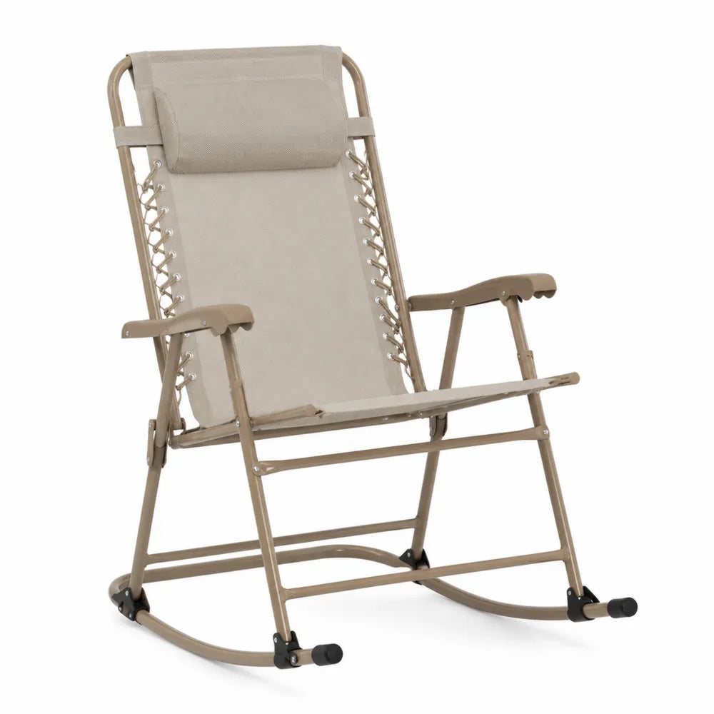 Fauteuil à bascule de jardin en acier avec coussin beige et dossier réglable structure taupe
