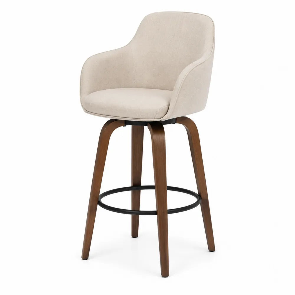 Tabouret de bar 57 x 55 x 100 cm en bois d’hévéa massif finition noyer et tissu polyester beige avec repose-pieds acier noir