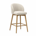 Tabouret de bar 48 cm x 52 cm x 98 cm en bois d’hévéa massif et tissu polyester beige dossier arrondi avec repose-pieds