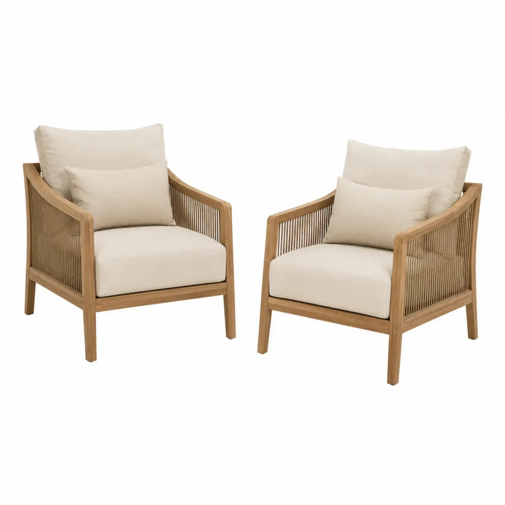Lot de 2 fauteuils de jardin 76 cm x 74 cm x 78 cm en bois d’acacia naturel corde polyester et coussins beige dossier bas rectangulaire