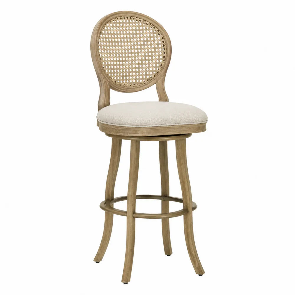 Tabouret de bar 45 x 45 x 108 cm en bois naturel avec dossier en cannage rotin et assise rembourrée beige