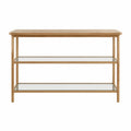 Console de rangement 120 cm x 35 cm x 80 cm en MDF plaqué chêne clair avec 2 étagères en verre transparent