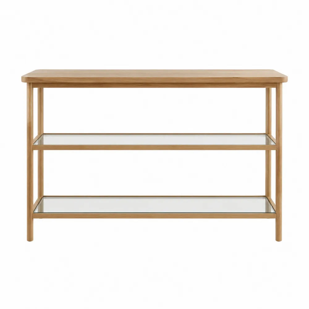 Console de rangement 120 cm x 35 cm x 80 cm en MDF plaqué chêne clair avec 2 étagères en verre transparent