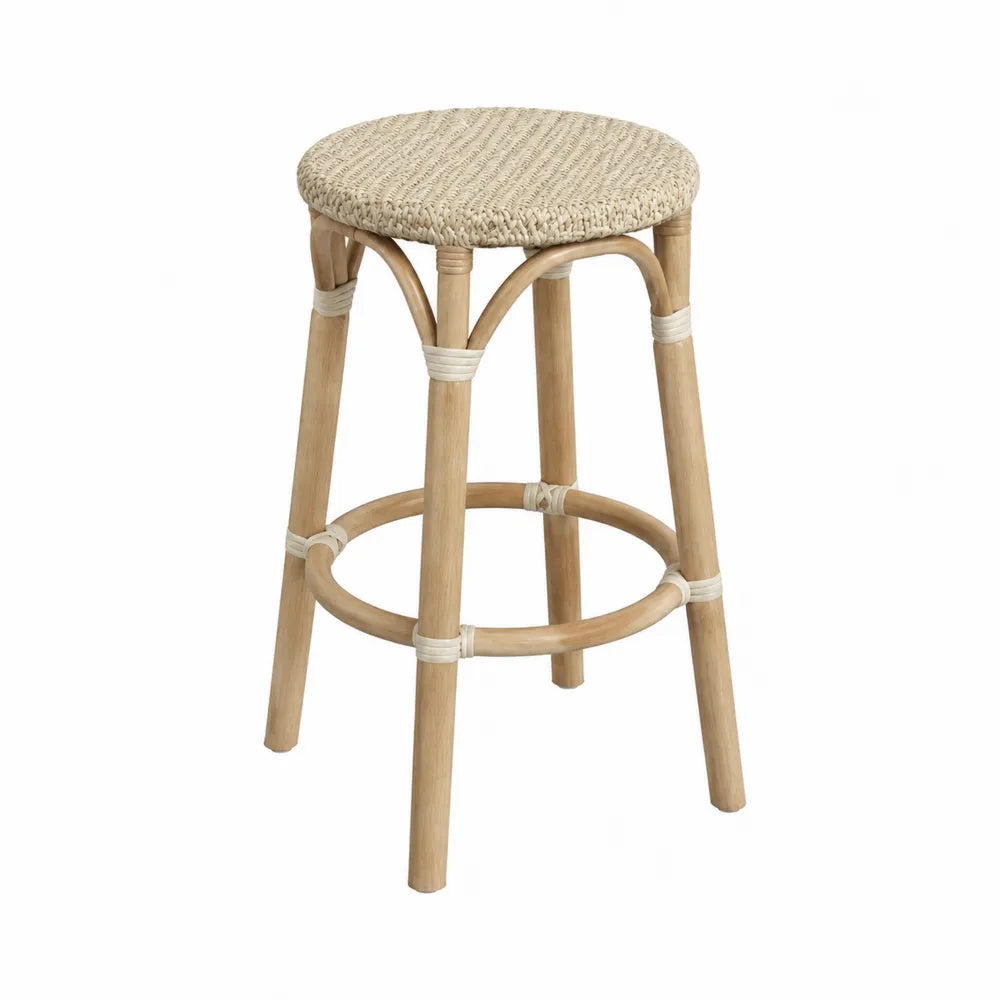 Tabouret de bar rond 45 x 45 x 75 cm en bois naturel et assise tressée en fibres de papier beige avec repose-pieds circulaire