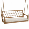 Banc balançoire suspendu de jardin en bois d’acacia avec corde tressée et coussin beige