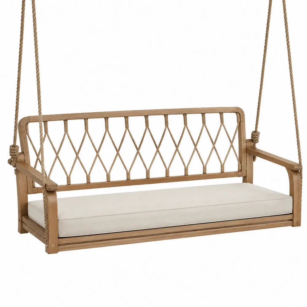 Banc balançoire suspendu de jardin en bois d’acacia avec corde tressée et coussin beige