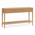 Table console 120 x 35 x 80 cm MDF placage chêne clair 3 tiroirs étagère basse pieds bois massif poignées laiton