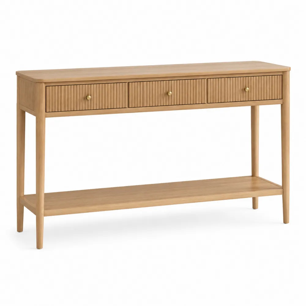 Table console 120 x 35 x 80 cm MDF placage chêne clair 3 tiroirs étagère basse pieds bois massif poignées laiton