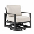 Fauteuil de jardin pivotant à bascule acier thermolaqué noir coussins polyester beige dossier corde dimensions 75 x 78 x 85 cm