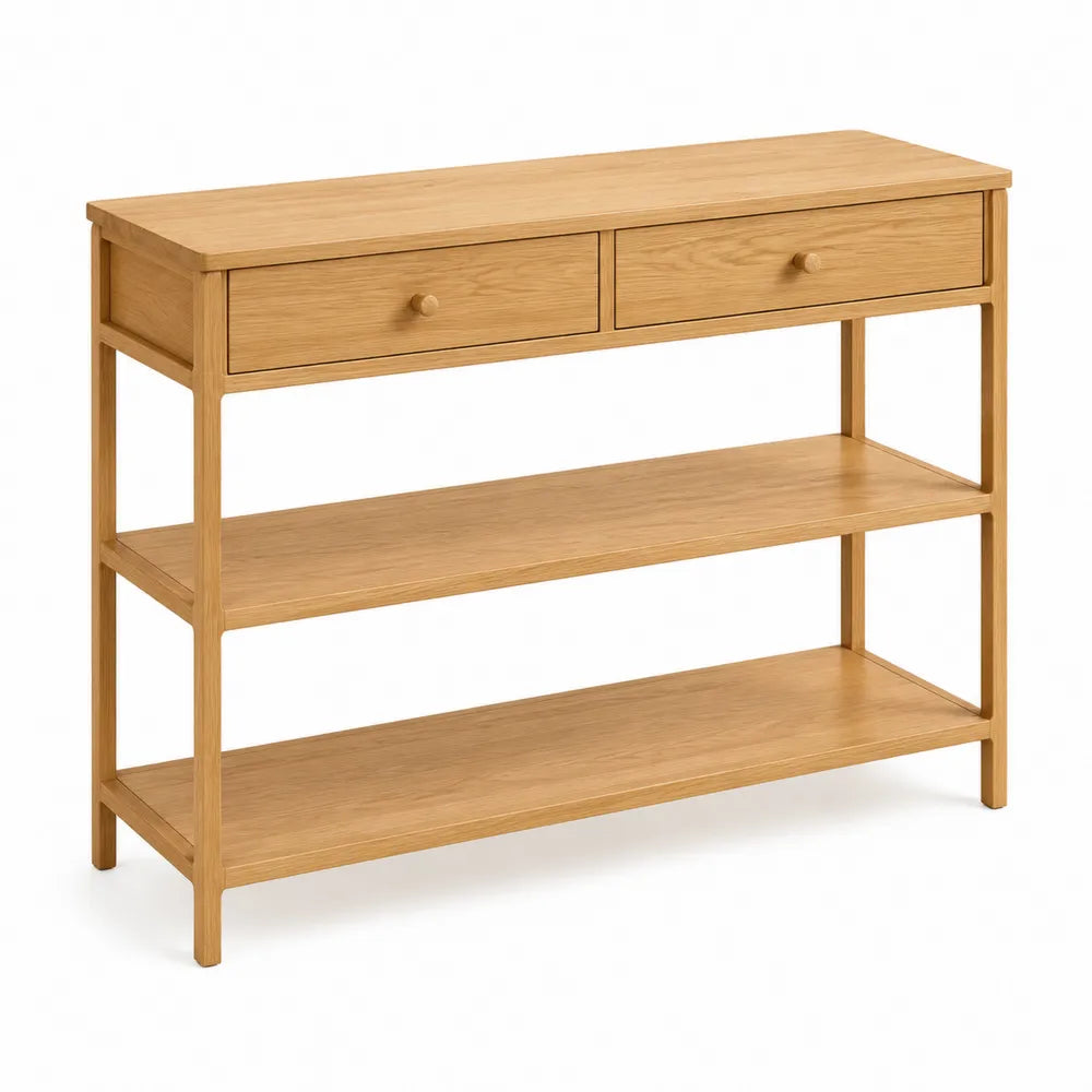 Console rectangulaire en MDF placage chêne clair avec 2 tiroirs et 2 étagères 110 x 35 x 80 cm