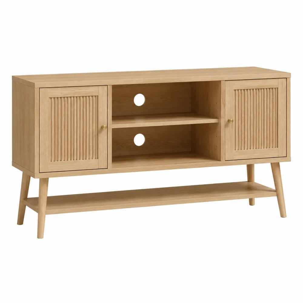 Console TV rectangulaire en MDF placage chêne clair 140 x 40 x 70 cm avec 2 portes 2 niches étagère basse