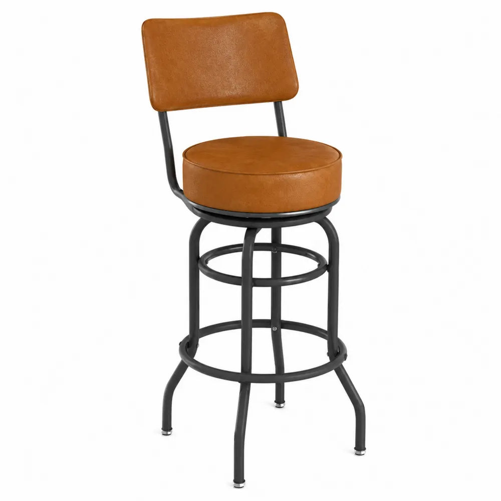 Tabouret de bar 50 cm x 52 cm x 105 cm en acier noir et polyuréthane cognac dossier rembourré avec repose-pieds circulaire