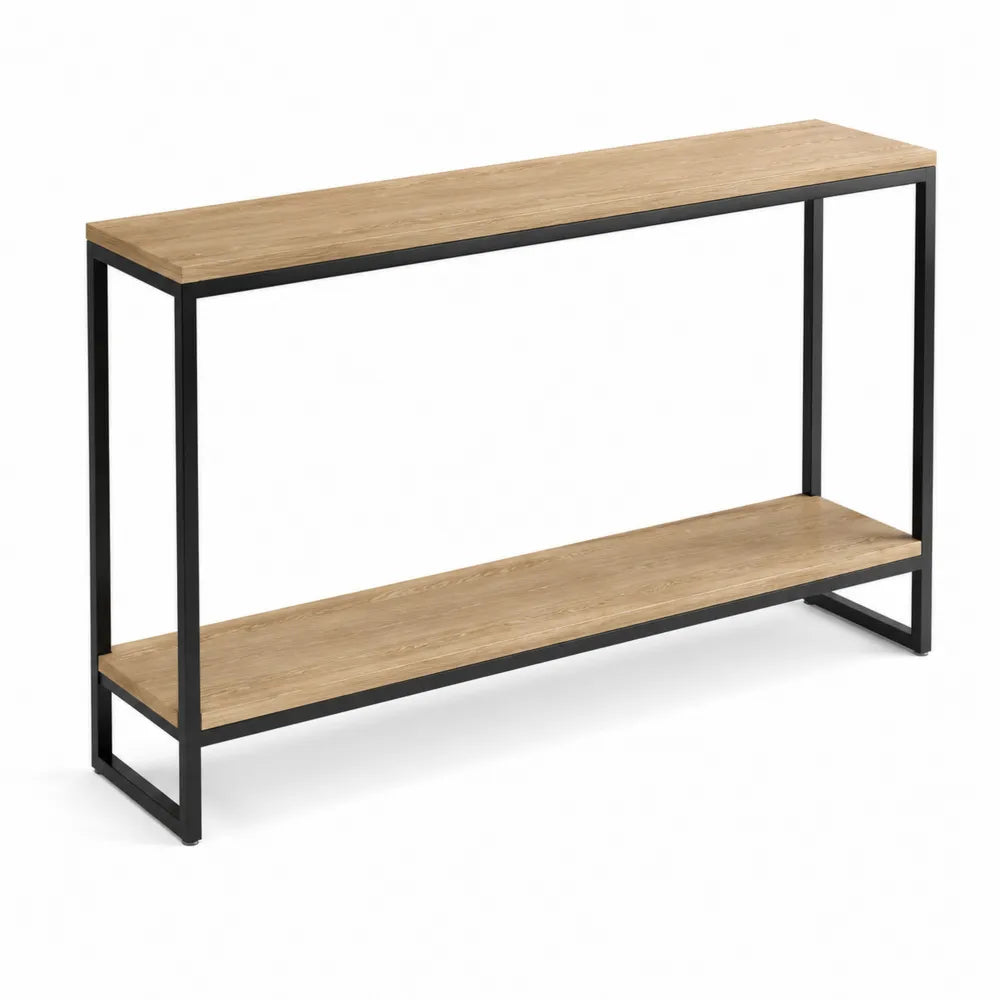 Table console 120 x 35 x 80 cm 2 niveaux MDF décor chêne clair structure acier noir étagère ouverte
